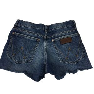 Wrangler Medium Wash Mid Rise Retro Upcycled Denim Cut Off Shortie Shorts